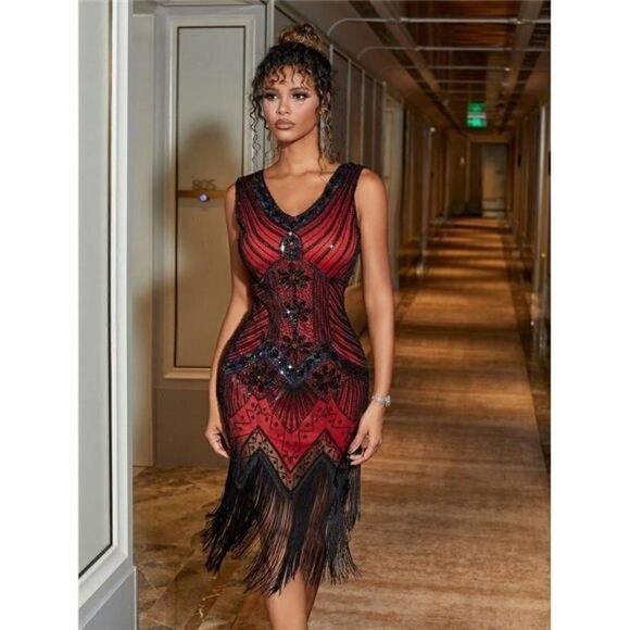 Women's Vintage Black Red Dress Formal Evening Bridal Prom Party Fringe Beaded L - Picture 2 of 7